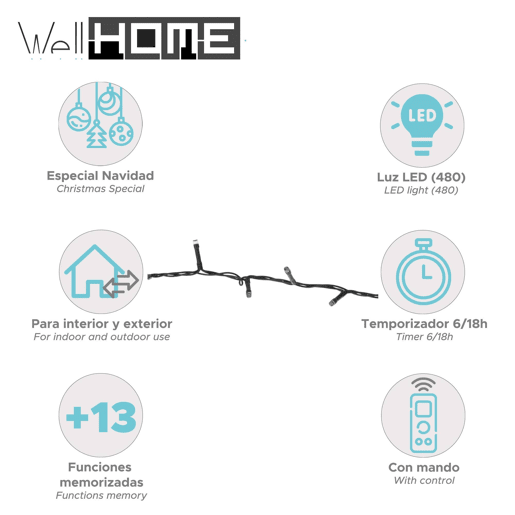 Luzes de corda LED Well Home 480 branco quente com controle remoto, 13 funções e temporizador