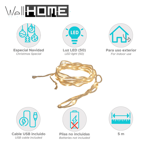 Guirlanda de 5 m Well Home com 50 luzes LED brancas quentes