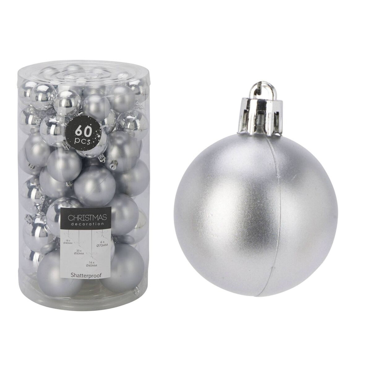 Well home conjunto de 60 bolas de navidad en color plata en varias dimensiones y acabados