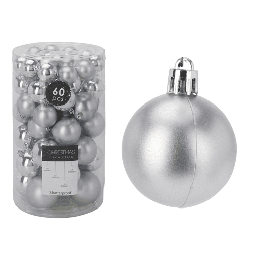 Well Home Conjunto de 60 bolas de Natal prateadas em vários tamanhos e acabamentos