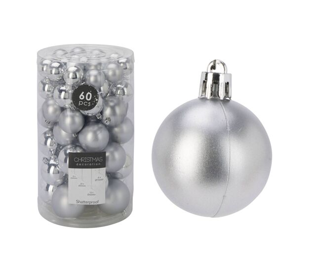 Well home conjunto de 60 bolas de navidad en color plata en varias dimensiones y acabados