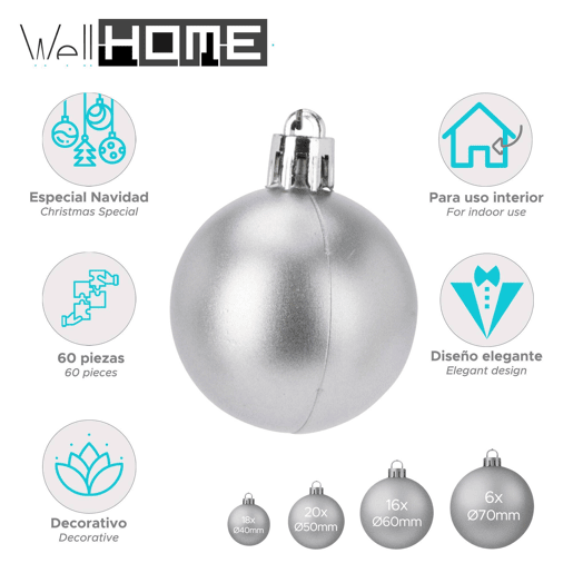 Well Home Conjunto de 60 bolas de Natal prateadas em vários tamanhos e acabamentos
