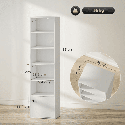 HOMCOM Estante de 6 Níveis Estante para Livros com Prateleiras Ajustáveis e Armário Estante Moderna para Sala de Estar Quarto Estúdio Escritório 40x30x156 cm Branco