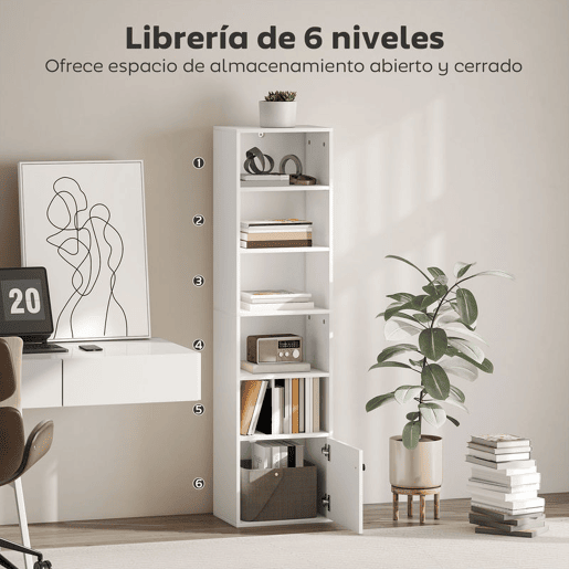 HOMCOM Estante de 6 Níveis Estante para Livros com Prateleiras Ajustáveis e Armário Estante Moderna para Sala de Estar Quarto Estúdio Escritório 40x30x156 cm Branco