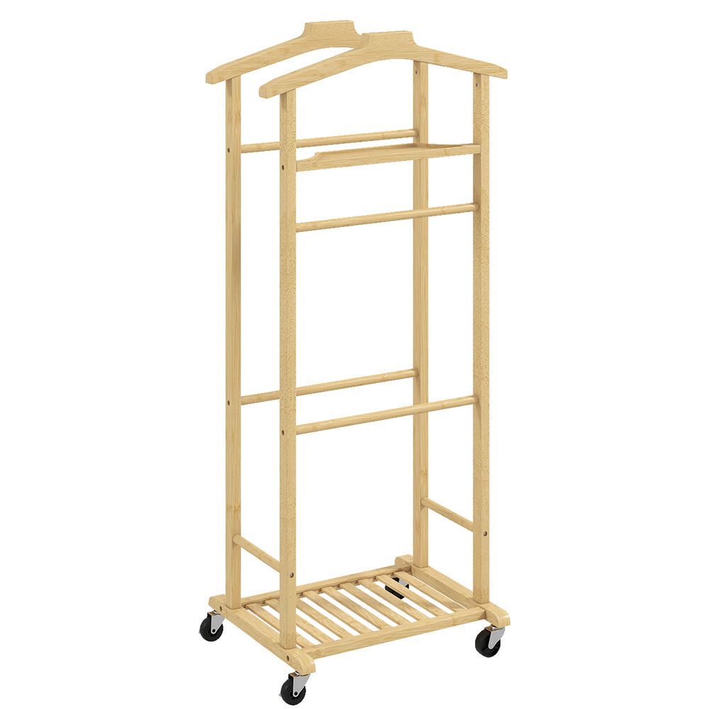 Homcom galán de noche de bambú, perchero con ruedas, colgadores de ropa, barras para pantalones, bandeja y zapatero, perchero burro para dormitorio, pasillo, 47x33,7x105,5 cm, natural