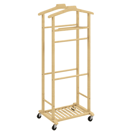 HOMCOM Cabide de Pé de Bambu Cabide com Rodas Suportes para Roupas Barras para Calças Bandeja e Sapateira Cabide para Roupas Corredor 47x33,7x105,5 cm Madeira