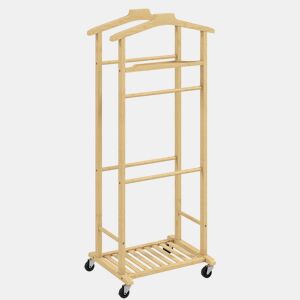 HOMCOM Cabide de Pé de Bambu Cabide com Rodas Suportes para Roupas Barras para Calças Bandeja e Sapateira Cabide para Roupas Corredor 47x33,7x105,5 cm Madeira