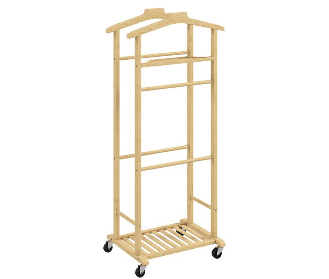 Homcom galán de noche de bambú, perchero con ruedas, colgadores de ropa, barras para pantalones, bandeja y zapatero, perchero burro para dormitorio, pasillo, 47x33,7x105,5 cm, natural