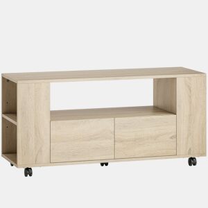 HOMCOM Móvel de TV com Rodas Mesa de TV Móvel Móvel para Televisão até 42 Polegadas com 2 Gavetas Prateleiras Ajustáveis para Sala de Estar Quarto 102x34,5x48,5 cm Madeira
