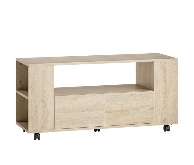Homcom mueble de tv con ruedas, mesa de tv móvil, mueble para televisión hasta 42 pulgadas, con 2 cajones, estantes ajustables, para salón, comedor, dormitorio, madera natural