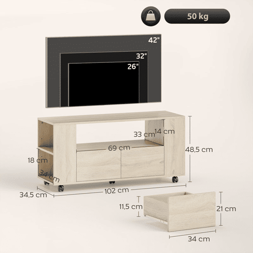 HOMCOM Móvel de TV com Rodas Mesa de TV Móvel Móvel para Televisão até 42 Polegadas com 2 Gavetas Prateleiras Ajustáveis para Sala de Estar Quarto 102x34,5x48,5 cm Madeira HOMCOM Móvel de TV com Rodas Mesa de TV Móvel Móvel para Televisão até 42 Polegadas com 2 Gavetas Prateleiras Ajustáveis para Sala de Estar Quarto 102x34,5x48,5 cm Madeira