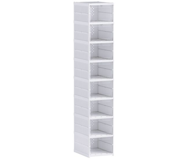 Homcom cajas para zapatos apilables, juego de 8 organizadores para zapatos portátil, zapatero plegable con puertas transparentes, hasta talla 43, no requiere montaje, blanco