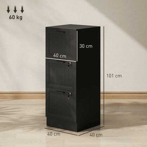 HOMCOM Arquivador para Escritório Móvel Arquivador com 3 Gavetas para Escritório com Fechaduras Gavetas Suspensas para A4 40x40x101 cm Preto