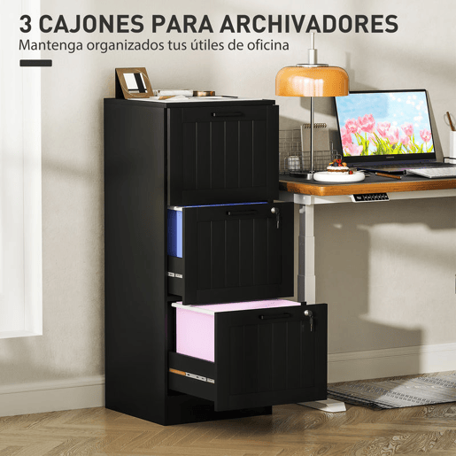 HOMCOM Arquivador para Escritório Móvel Arquivador com 3 Gavetas para Escritório com Fechaduras Gavetas Suspensas para A4 40x40x101 cm Preto