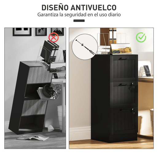 HOMCOM Arquivador para Escritório Móvel Arquivador com 3 Gavetas para Escritório com Fechaduras Gavetas Suspensas para A4 40x40x101 cm Preto
