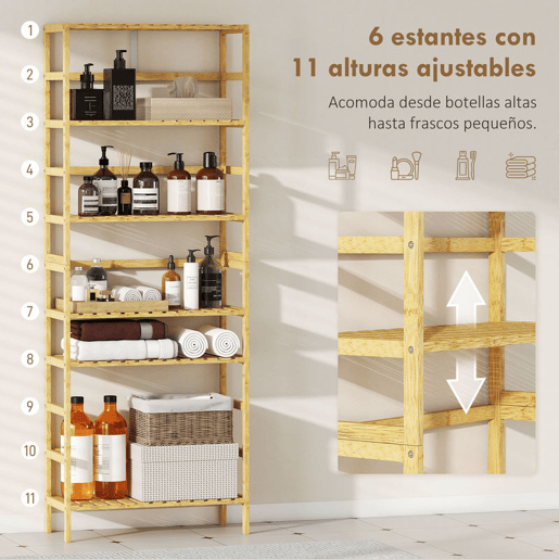 HOMCOM Estante de Bambu de 6 Níveis Estante de Armazenamento Prateleiras Ajustáveis Estante Estreita para Espaços Pequenos Casa de Banho Sala de Estar e Cozinha 60x26x161 cm Madeira