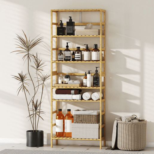 HOMCOM Estante de Bambu de 6 Níveis Estante de Armazenamento Prateleiras Ajustáveis Estante Estreita para Espaços Pequenos Casa de Banho Sala de Estar e Cozinha 60x26x161 cm Madeira