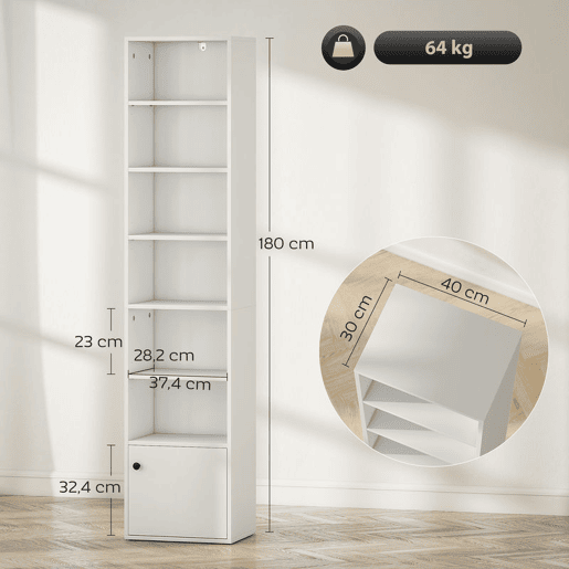 HOMCOM Estante de 7 Níveis Estante para Livros com Prateleiras Ajustáveis e Armário Estante Moderna para Sala de Estar Quarto Estúdio Escritório 40x30x180 cm Branco