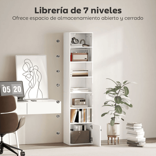 HOMCOM Estante de 7 Níveis Estante para Livros com Prateleiras Ajustáveis e Armário Estante Moderna para Sala de Estar Quarto Estúdio Escritório 40x30x180 cm Branco