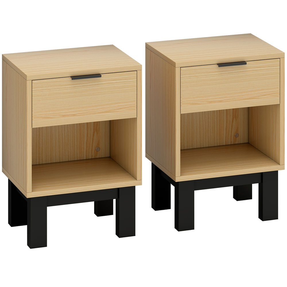 Homcom juego de 2 mesitas de noche estrechas, mesillas de noche modernas con cajón y estante abierto, para dormitorio, salón, 35x26x50 cm, roble