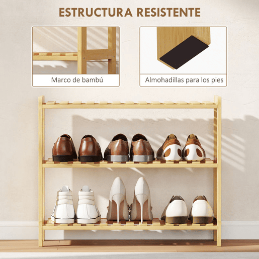 HOMCOM Sapateira de Madeira Estante para Sapatos de 3 Níveis para até 9 Pares de Sapatos para Entrada Corredor Dormitório 70x26x57,5cm Madeira
