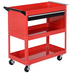 DURHAND Carrinho de Ferramentas Carrinho de Oficina com 3 Bandejas e Gaveta Rodas com Travões Pega Lateral Painel Lateral Perfurado para Garagem Mecânica Casa 82x35x76 cm Vermelho