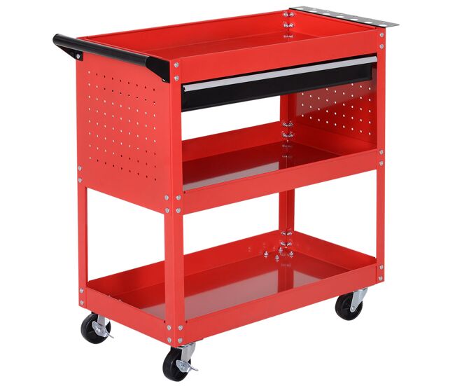 Durhand carro de taller, carro de herramientas con 3 bandejas, cajón, panel lateral perforado, asa lateral, ruedas con frenos, para garaje mecánico,
