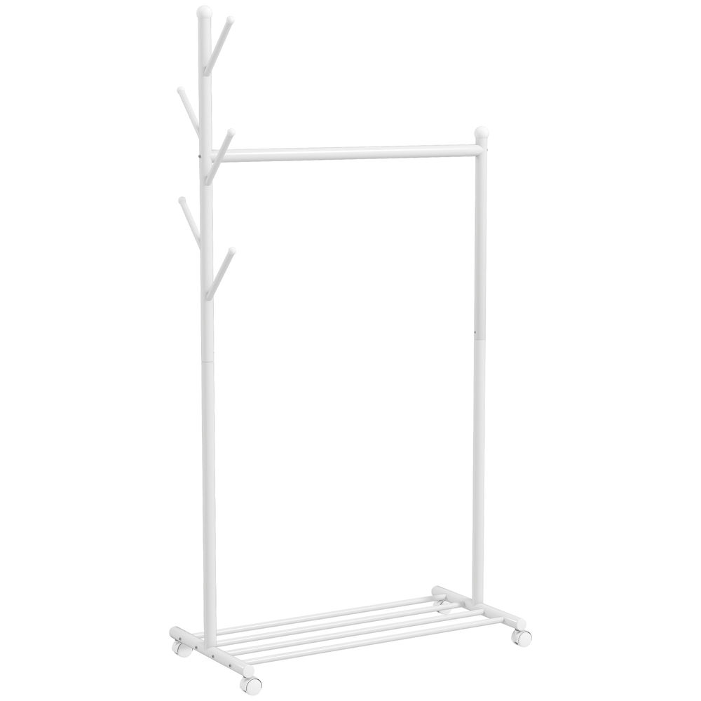 Homcom burro ropa con ruedas, perchero burro ropa con 5 ganchos barra para colgar y balda inferior perchero para recibidor, entrada, dormitorio, 86x43x171 cm, blanco
