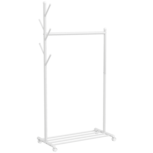 HOMCOM Charriot com Rodas Charriot com 5 Ganchos Barra para Pendurar e Prateleira Inferior Charriot para Dormitório Lavandaria 86x43x171 cm Branco