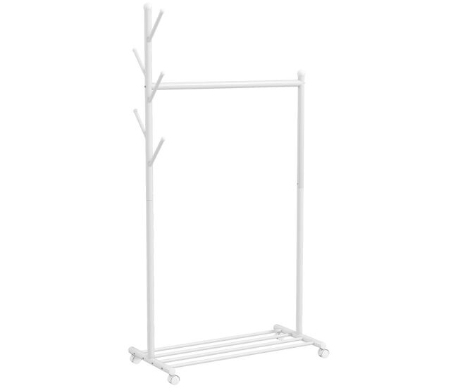 Homcom burro ropa con ruedas, perchero burro ropa con 5 ganchos barra para colgar y balda inferior perchero para recibidor, entrada, dormitorio, 86x43x171 cm, blanco