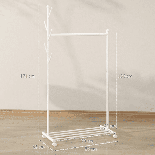 HOMCOM Charriot com Rodas Charriot com 5 Ganchos Barra para Pendurar e Prateleira Inferior Charriot para Dormitório Lavandaria 86x43x171 cm Branco