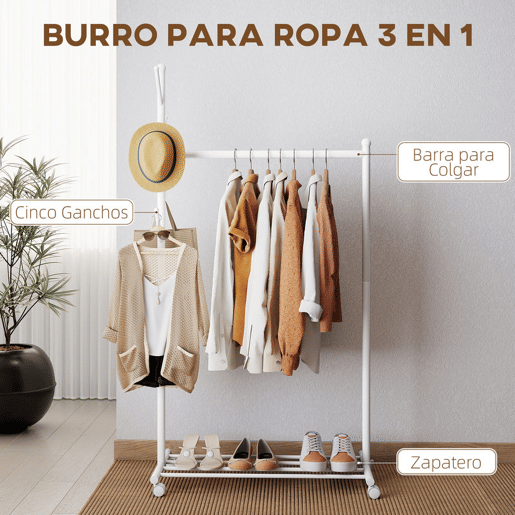 HOMCOM Charriot com Rodas Charriot com 5 Ganchos Barra para Pendurar e Prateleira Inferior Charriot para Dormitório Lavandaria 86x43x171 cm Branco