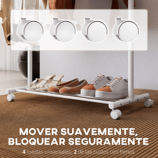 HOMCOM Charriot com Rodas Charriot com 5 Ganchos Barra para Pendurar e Prateleira Inferior Charriot para Dormitório Lavandaria 86x43x171 cm Branco