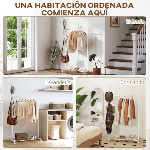 HOMCOM Charriot com Rodas Charriot com 5 Ganchos Barra para Pendurar e Prateleira Inferior Charriot para Dormitório Lavandaria 86x43x171 cm Branco