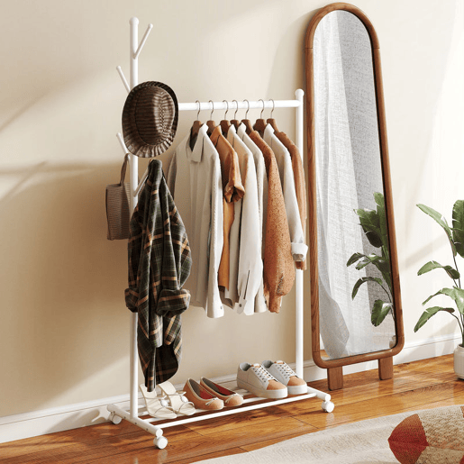 HOMCOM Charriot com Rodas Charriot com 5 Ganchos Barra para Pendurar e Prateleira Inferior Charriot para Dormitório Lavandaria 86x43x171 cm Branco