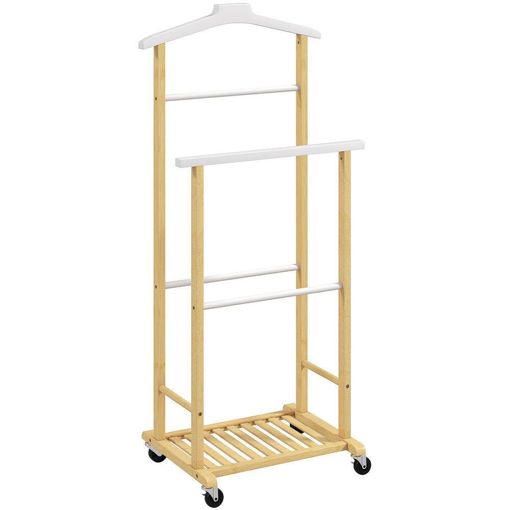 Homcom galán de noche de bambú, perchero con ruedas, colgadores de ropa, barras para pantalones y zapatero, perchero burro para dormitorio, pasillo, 47x33,7x105,5 cm, natural y blanco