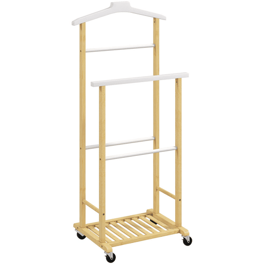 HOMCOM Cabide de Pé de Bambu com Rodas Cabide para Roupas com Barras para Calças e Prateleira Inferior para Sapatos Estilo Nórdico para Quarto 47x33,7x105,5 cm Madeira e Branco