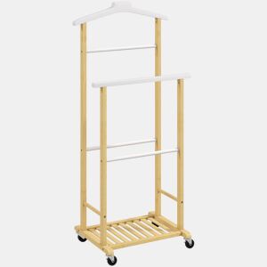 HOMCOM Cabide de Pé de Bambu com Rodas Cabide para Roupas com Barras para Calças e Prateleira Inferior para Sapatos Estilo Nórdico para Quarto 47x33,7x105,5 cm Madeira e Branco