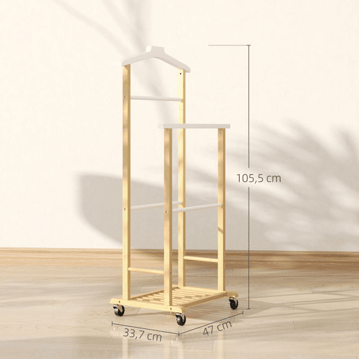 HOMCOM Cabide de Pé de Bambu com Rodas Cabide para Roupas com Barras para Calças e Prateleira Inferior para Sapatos Estilo Nórdico para Quarto 47x33,7x105,5 cm Madeira e Branco