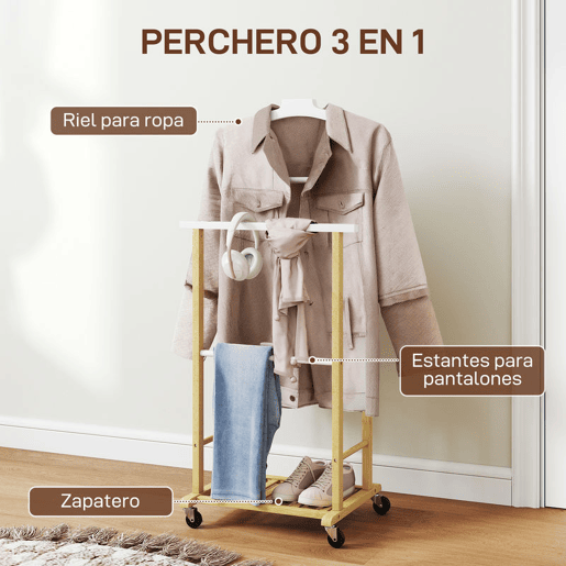 HOMCOM Cabide de Pé de Bambu com Rodas Cabide para Roupas com Barras para Calças e Prateleira Inferior para Sapatos Estilo Nórdico para Quarto 47x33,7x105,5 cm Madeira e Branco