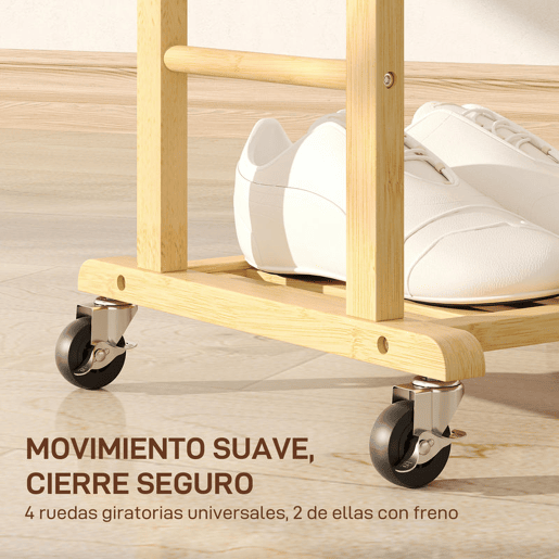 HOMCOM Cabide de Pé de Bambu com Rodas Cabide para Roupas com Barras para Calças e Prateleira Inferior para Sapatos Estilo Nórdico para Quarto 47x33,7x105,5 cm Madeira e Branco