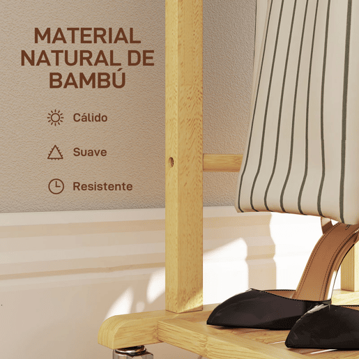 HOMCOM Cabide de Pé de Bambu com Rodas Cabide para Roupas com Barras para Calças e Prateleira Inferior para Sapatos Estilo Nórdico para Quarto 47x33,7x105,5 cm Madeira e Branco