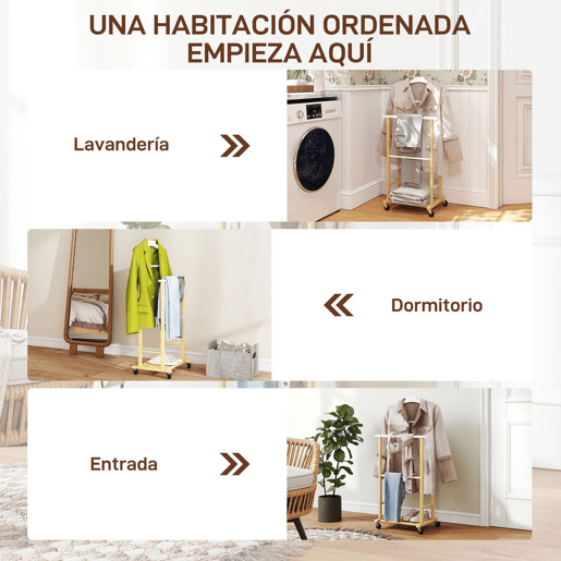 HOMCOM Cabide de Pé de Bambu com Rodas Cabide para Roupas com Barras para Calças e Prateleira Inferior para Sapatos Estilo Nórdico para Quarto 47x33,7x105,5 cm Madeira e Branco