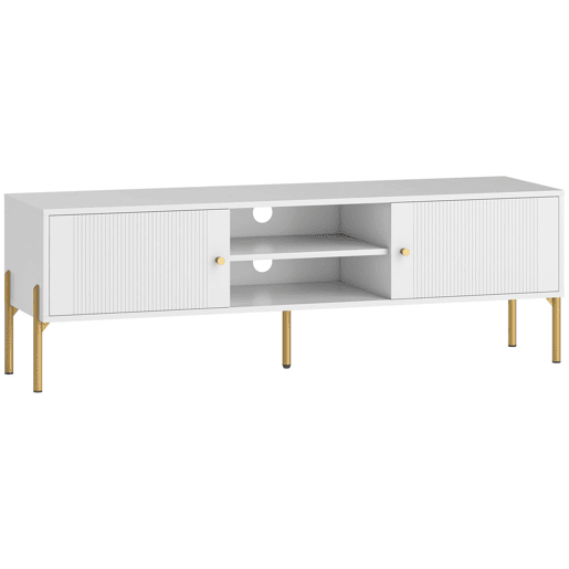 HOMCOM Móvel de TV Moderno de 2 Portas Móvel de TV para Sala com 2 Prateleiras Abertas Ajustáveis Orifícios para Cabos Pernas de Aço para Televisão 65 Polegadas 140x38x45,9 cm Branco