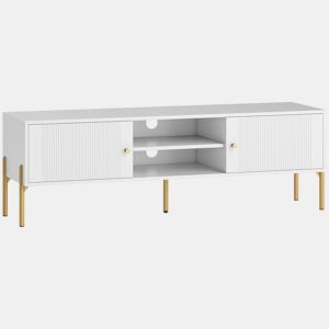 HOMCOM Móvel de TV Moderno de 2 Portas Móvel de TV para Sala com 2 Prateleiras Abertas Ajustáveis Orifícios para Cabos Pernas de Aço para Televisão 65 Polegadas 140x38x45,9 cm Branco