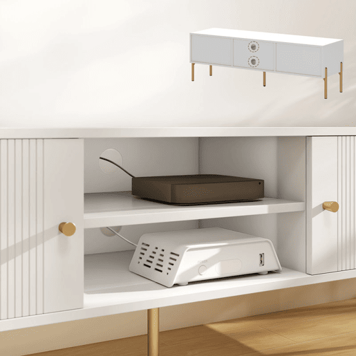 HOMCOM Móvel de TV Moderno de 2 Portas Móvel de TV para Sala com 2 Prateleiras Abertas Ajustáveis Orifícios para Cabos Pernas de Aço para Televisão 65 Polegadas 140x38x45,9 cm Branco