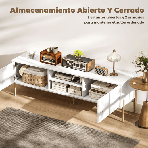 HOMCOM Móvel de TV Moderno de 2 Portas Móvel de TV para Sala com 2 Prateleiras Abertas Ajustáveis Orifícios para Cabos Pernas de Aço para Televisão 65 Polegadas 140x38x45,9 cm Branco