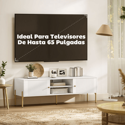 HOMCOM Móvel de TV Moderno de 2 Portas Móvel de TV para Sala com 2 Prateleiras Abertas Ajustáveis Orifícios para Cabos Pernas de Aço para Televisão 65 Polegadas 140x38x45,9 cm Branco