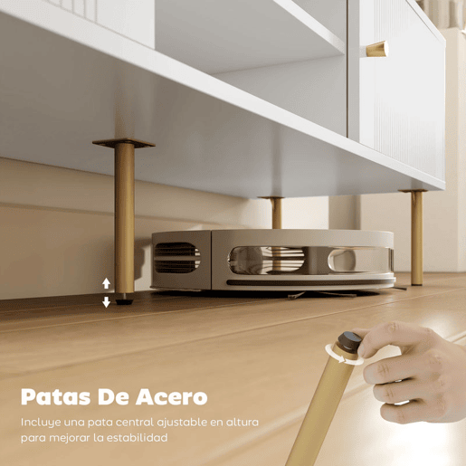 HOMCOM Móvel de TV Moderno de 2 Portas Móvel de TV para Sala com 2 Prateleiras Abertas Ajustáveis Orifícios para Cabos Pernas de Aço para Televisão 65 Polegadas 140x38x45,9 cm Branco