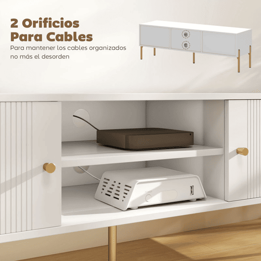 HOMCOM Móvel de TV Moderno de 2 Portas Móvel de TV para Sala com 2 Prateleiras Abertas Ajustáveis Orifícios para Cabos Pernas de Aço para Televisão 65 Polegadas 140x38x45,9 cm Branco